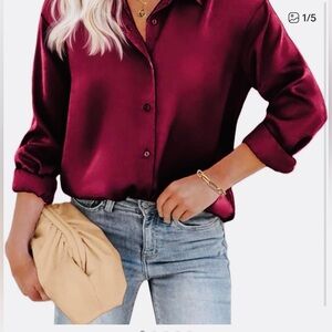 GAP Women's Deep Burgundy Red Satin Button Down blouse